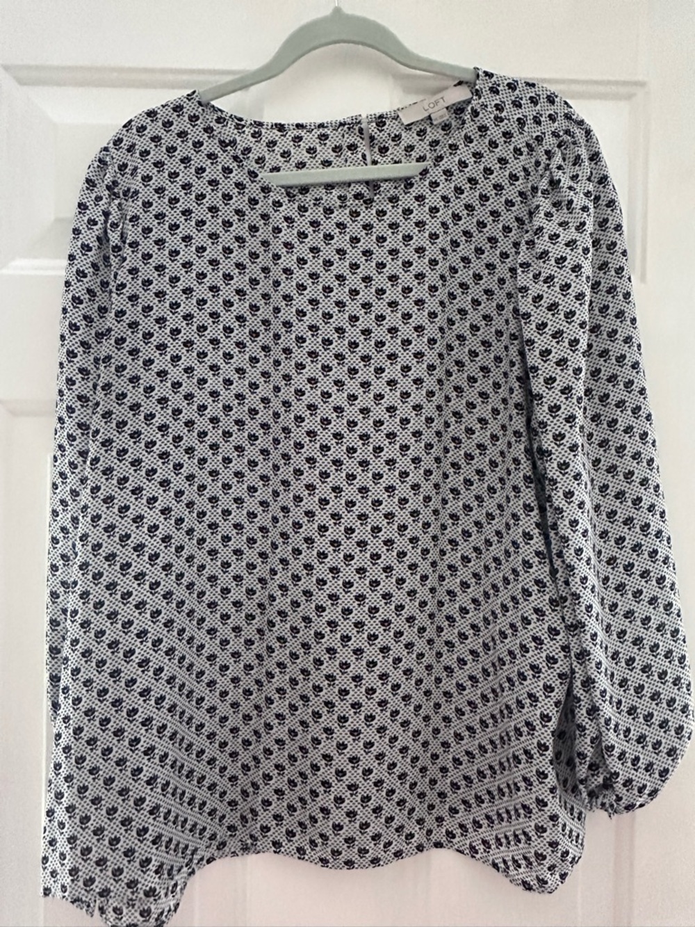 LOFT Navy and White Micro-Print Long Sleeve Blouse